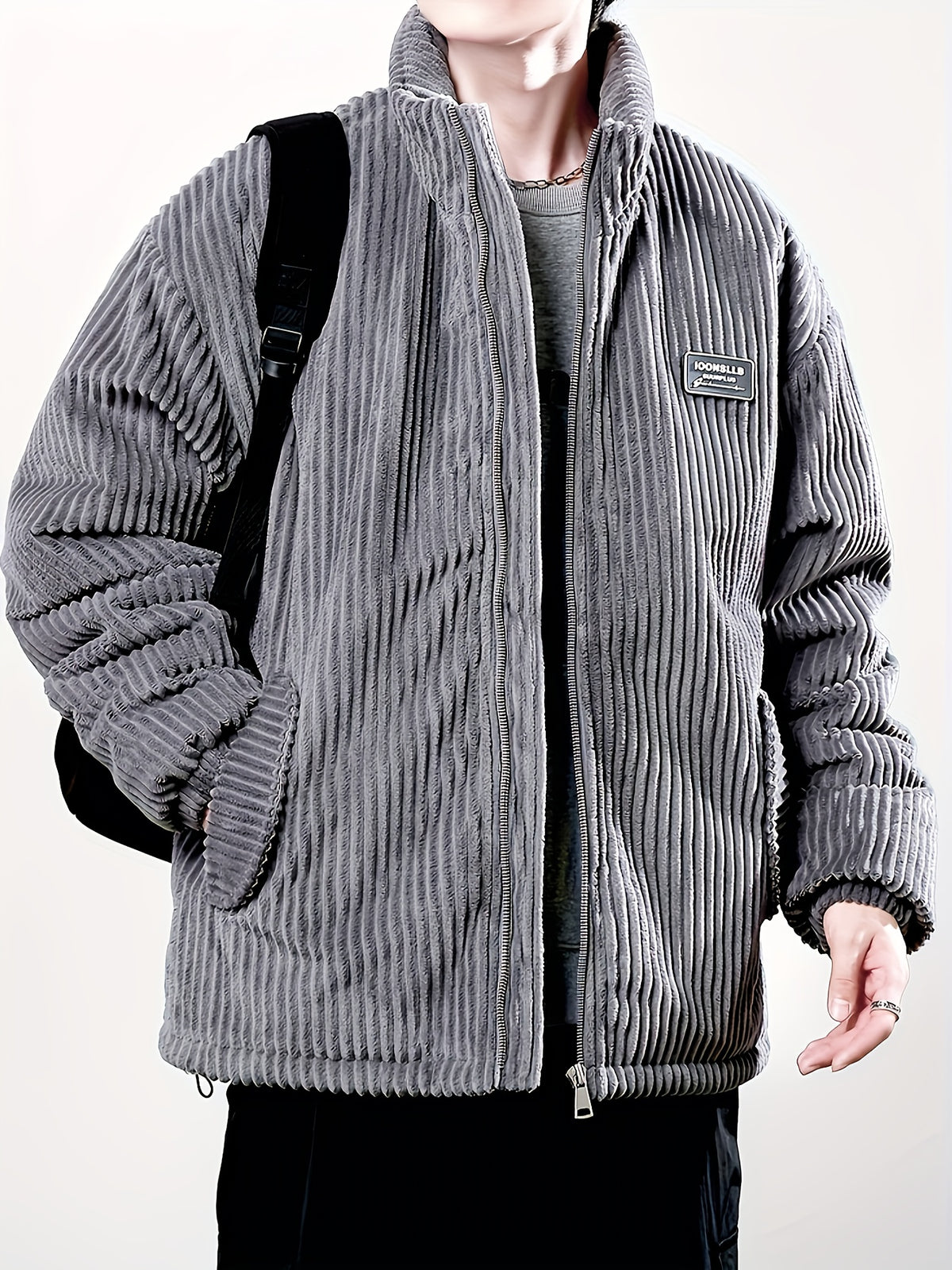 Men's Winter Corduroy Padded Coat with Thickened Lining, Faux, and Striped Design - Dark Gray