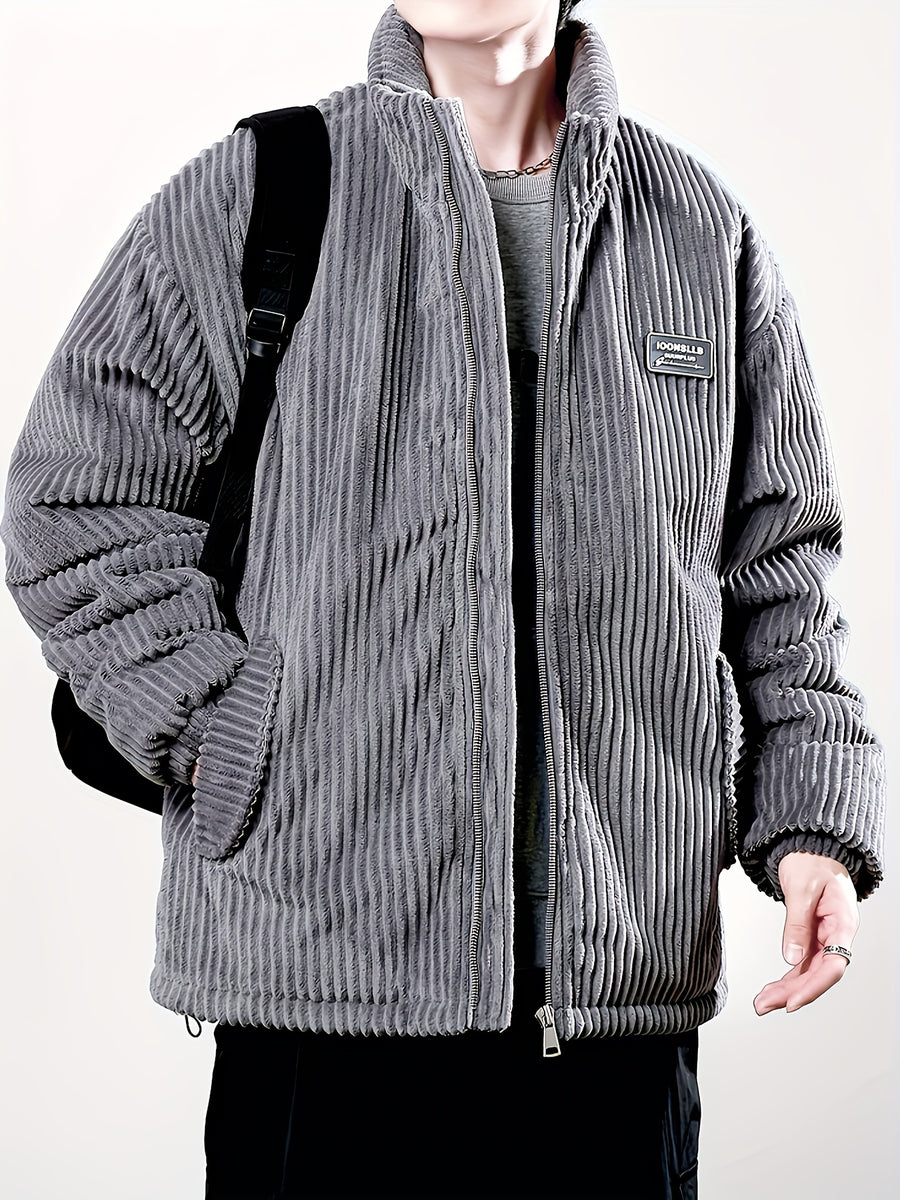 Men's Winter Corduroy Padded Coat with Thickened Lining, Faux, and Striped Design - Dark Gray