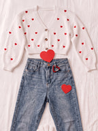 Women's Cardigan with Embroidered Heart, Contrast Color Pattern, V-Neck, Cropped Style, Button-Up Outerwear; Red Cropped Cardigan with Heart Embroidery, Long Sleeves, V-Neck, Versatile Girly Style Jacket Top - White