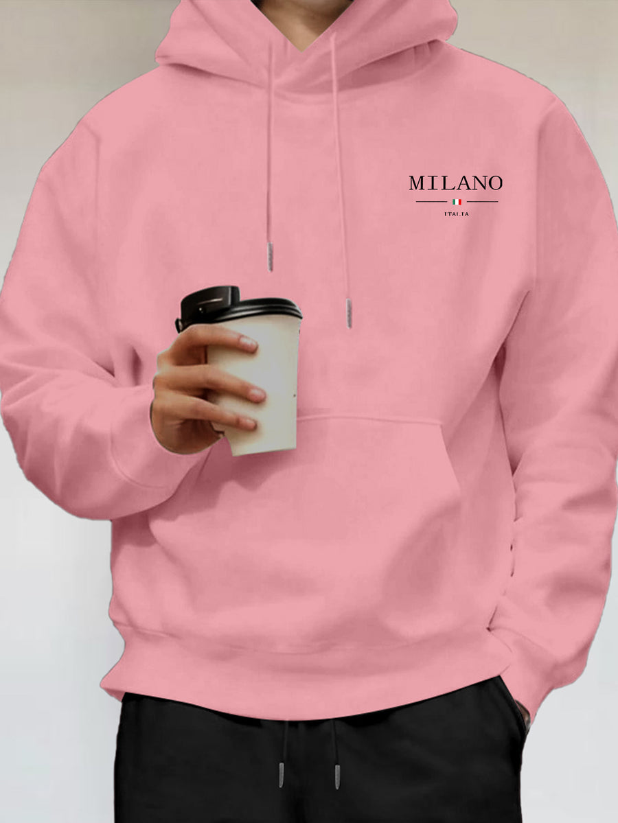 Simple and Stylish Milan Text Print Men's Hooded Sweatshirt for Daily Casual Outings and Commuting - Pink