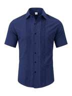 Men's Solid Color Button-Up Lapel Collar Short Sleeve Shirt - Breathable Textured Linen Button-Front Collar Shirt Suitable for Beach, Casual & -Casual Wear, Summer Office Outfits - Non-Stretch Button Collar - Navy Color