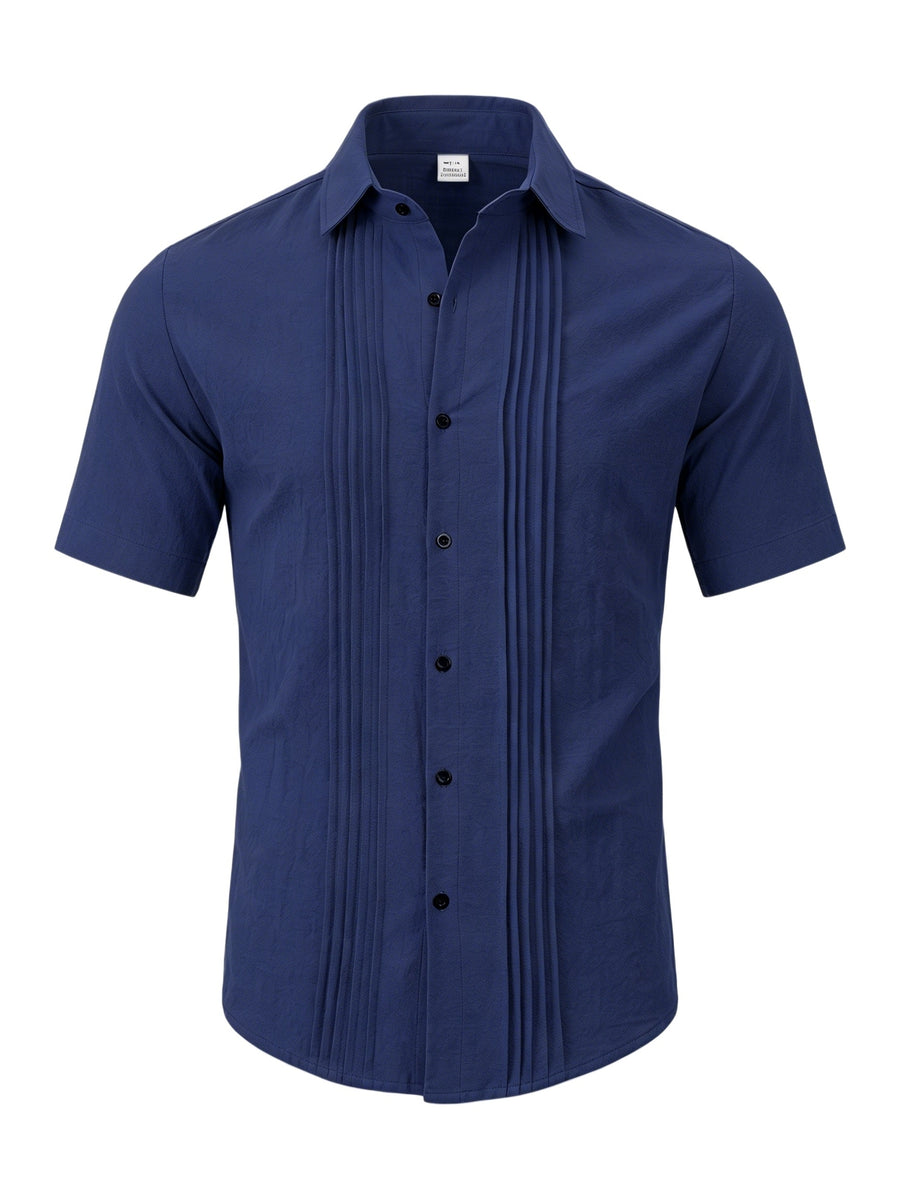 Men's Solid Color Button-Up Lapel Collar Short Sleeve Shirt - Breathable Textured Linen Button-Front Collar Shirt Suitable for Beach, Casual & -Casual Wear, Summer Office Outfits - Non-Stretch Button Collar - Navy Color