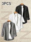 Pearson OBM 3pcs Set Men's Striped Linen Long-Sleeve Shirt; Sporty Casual Lapel Shirt with Pockets; Fashionable, Breathable, and Comfortable Fabric; Top for Beach Vacations and Outdoor Travel - Gray+white+black