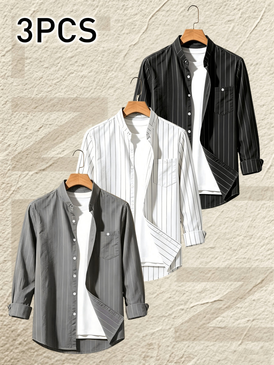 Pearson OBM 3pcs Set Men's Striped Linen Long-Sleeve Shirt; Sporty Casual Lapel Shirt with Pockets; Fashionable, Breathable, and Comfortable Fabric; Top for Beach Vacations and Outdoor Travel - Gray+white+black