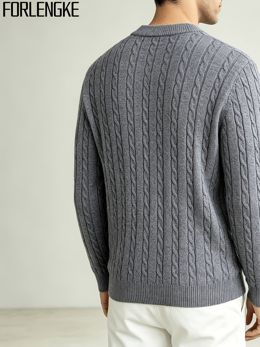FORLENGKE 2026 New Men's Business Casual Crew Neck Cable Knit Sweater, Soft Warm Long Sleeve Pullover for Fall Winter Office, Daily & Outdoor Wear - Grey