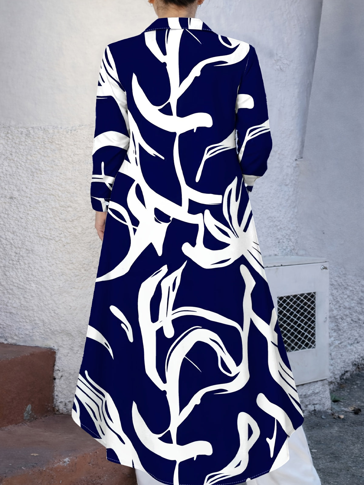 Plus Size, Fashionable Plus-Size Women's Elegant Striped Print Shirt Dress - Navy Color