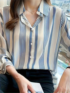 Fashion Casual Vacation Striped Daily Commute Printed Button-Up Long Sleeve Shirt Women'S Clothing - Blue