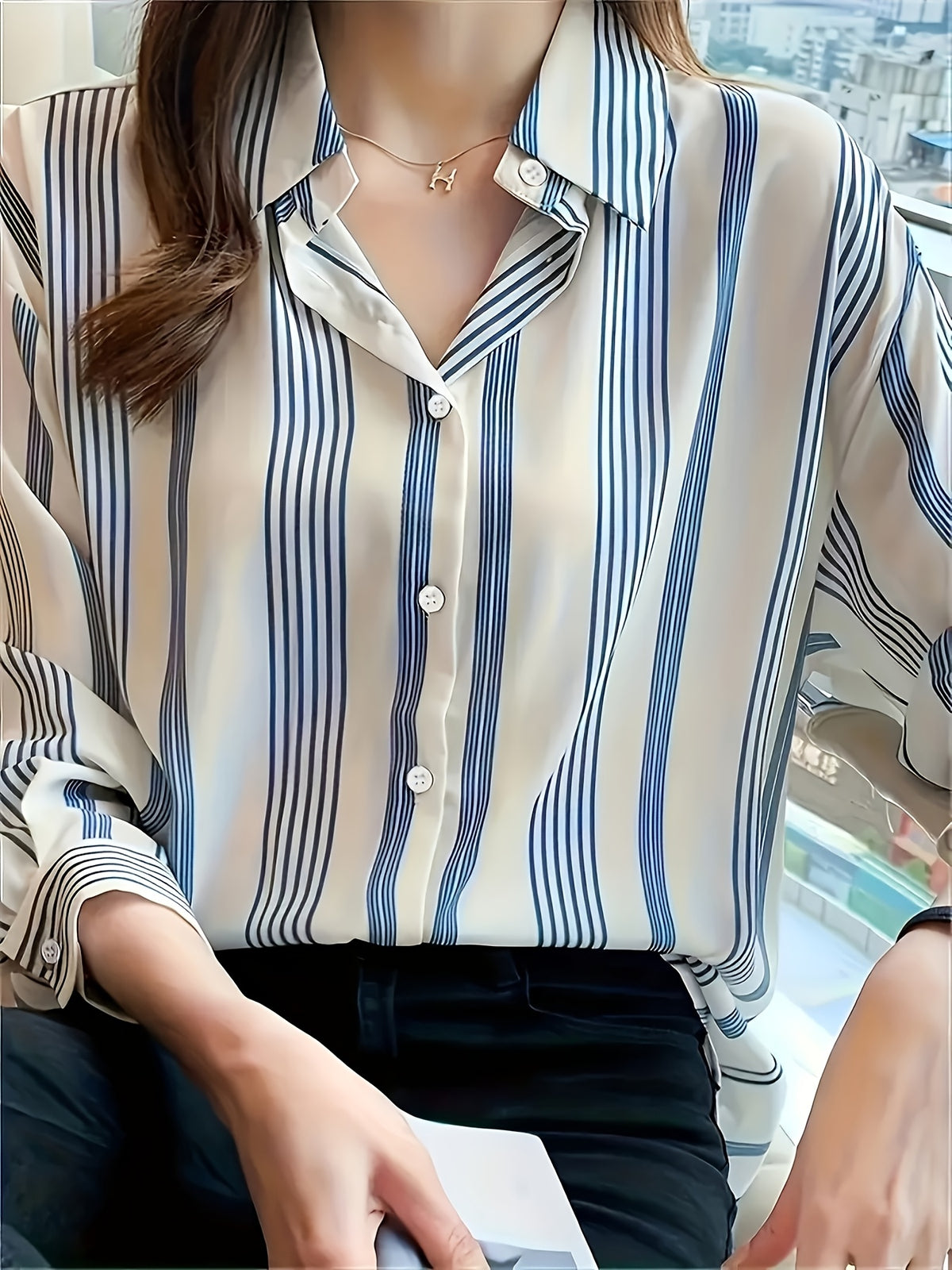 Fashion Casual Vacation Striped Daily Commute Printed Button-Up Long Sleeve Shirt Women'S Clothing - Blue