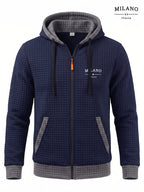[Pearson OBM] Men'S Autumn Winter Sporty Long Sleeve Jacket, Small Checkered Jacquard Soft Comfortable Fabric, Solid Color Knitted Hooded Craft Fashion Men'S Sweatshirt Jacket, Fashion Print Craft Design, Suitable for Casual Outings, Sports - ho Navy Blue