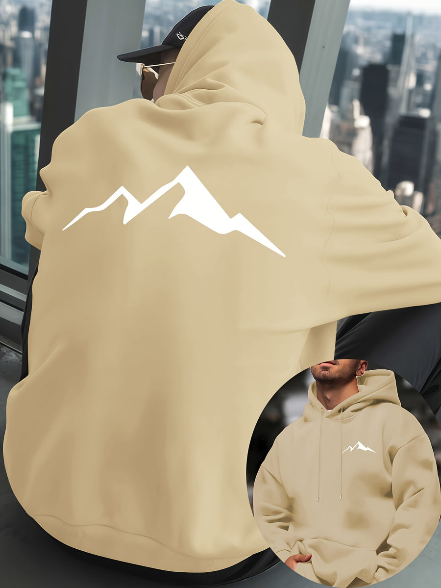 Mountain Men'S New Trendy Autumn Winter Hooded Sweatshirt, Casual Daily Drawstring Hoodie Creative Design Print, Kangaroo Pocket, Unisex Top - Apricot