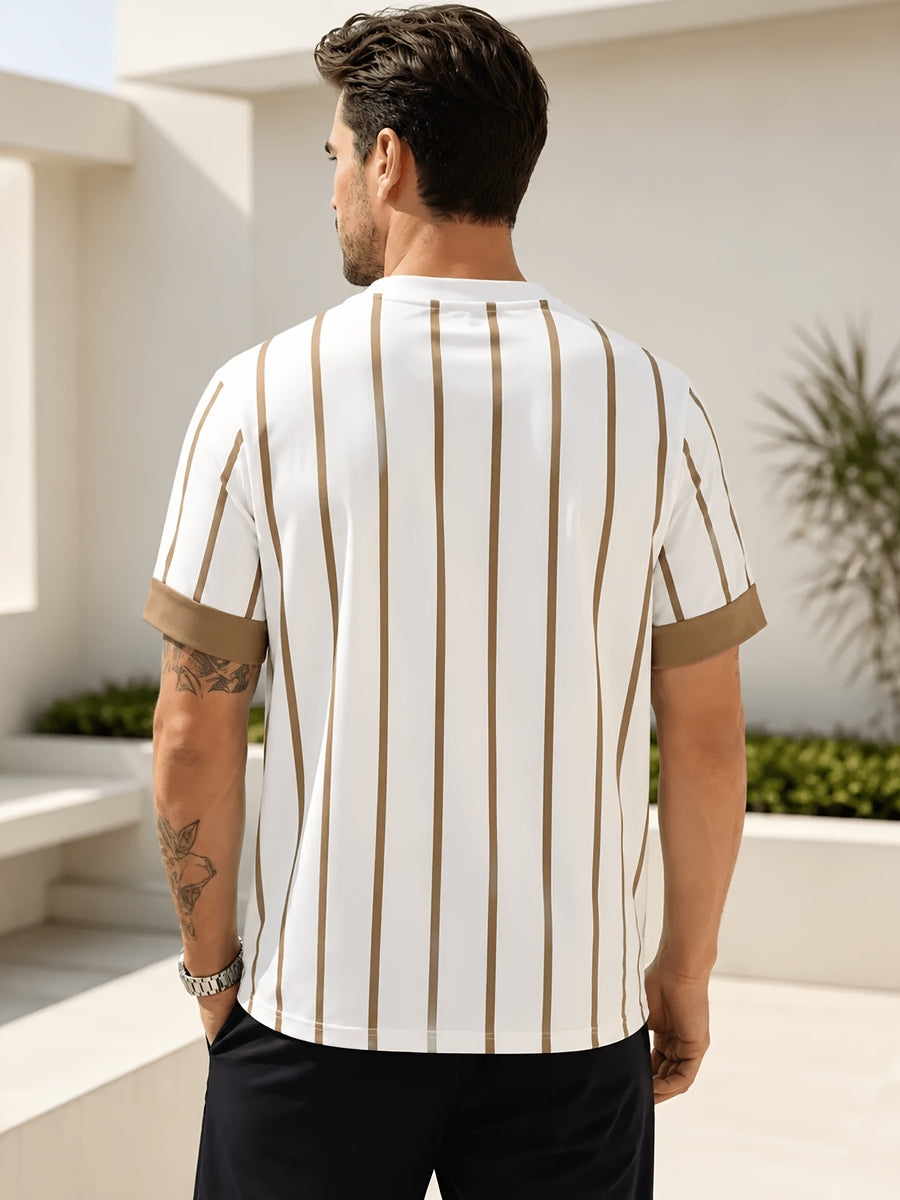 Men'S White Vertical Stripe T-Shirt with Brown Line Print - Lightweight Breathable Crew Neck Short Sleeve, Suitable for Gym & Casual Wear, Machine Washable Summer Street Style Top, Athletic Regular Fit for Outdoor Activities - White
