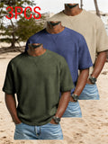 3pcs Set Men'S Waffle Knit Short-Sleeve T-Shirts, Lightweight And Breathable Crew Neck Tops. Suitable for Daily Casual Wear, Summer Vacations And Outdoor Activities. Loose Cut, Soft And Comfortable Fabric, Versatile Daily Fashion Style - Army Green + Navy Blue + Khaki