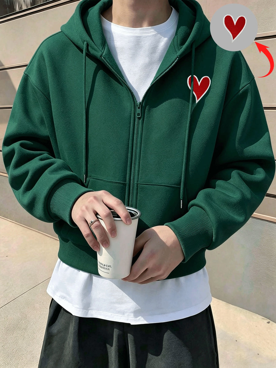 Men's Solid Color Drop Shoulder Zip-Up Sweatshirt, Double-Layer Hooded Sweatshirt Jacket, Long-Sleeve -Lined Jacket, Men's Zip-Up Cardigan for Spring/Autumn Casual Wear, Cropped Hooded Sweatshirt with Pockets and Drawstring, Suitable for Outings - Green 1