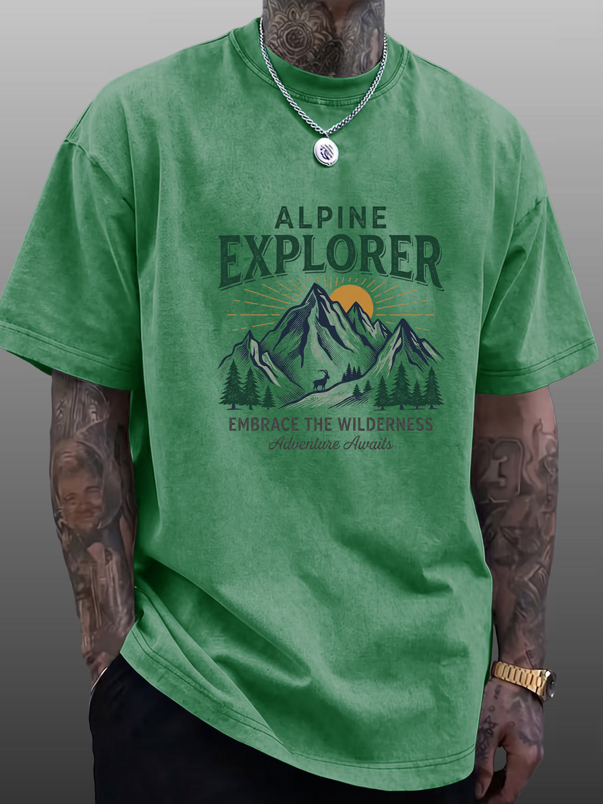 Short Sleeve T-Shirt Men'S Pure Loose Washed Distressed Top Mountain Adventure Forest Sunset Pattern Trendy Reversible Double-Sided Print Multicolor Casual American Street High Street Hip-Hop Style Daily Outing Commute Fitness Couple Style Y2K Natio - Green