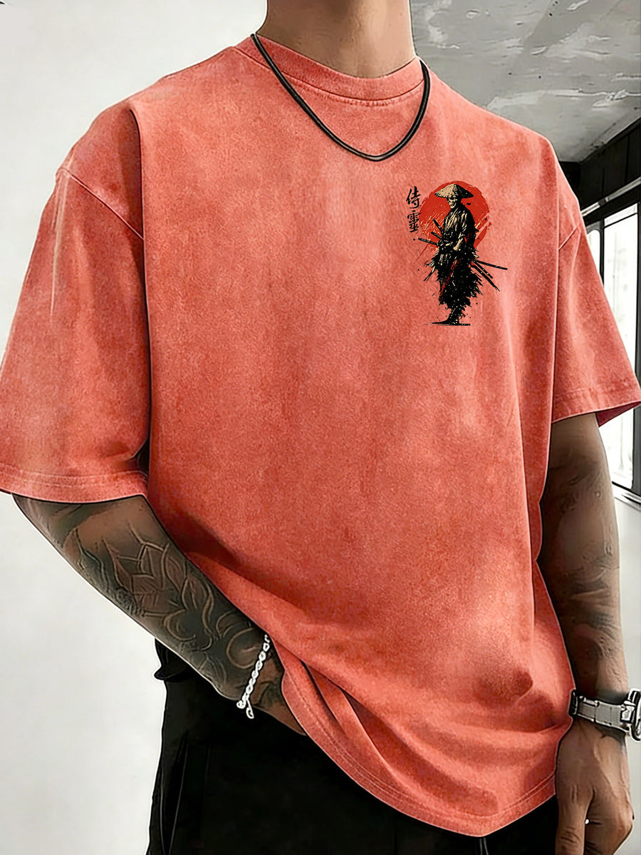 Drop-shoulder Vintage Washed T-shirt, Exclusively for the Fashion-forward Crowd. A Loose-fitting, Comfortable, High-quality Pure Cotton Short-sleeve Top, an Essential Piece for Streetwear Trends - Orange