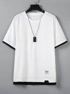 Men's T-shirt, Faux 2pcs Design, Slim Fit Silhouette, Relaxed Shoulder Style, Short-sleeve Design with a 2-in-1 Feature, Labor Day; First Monday in September, Korean-style Fashion and Casual Style, Summer Knit Top, Outdoor Streetwear. - White