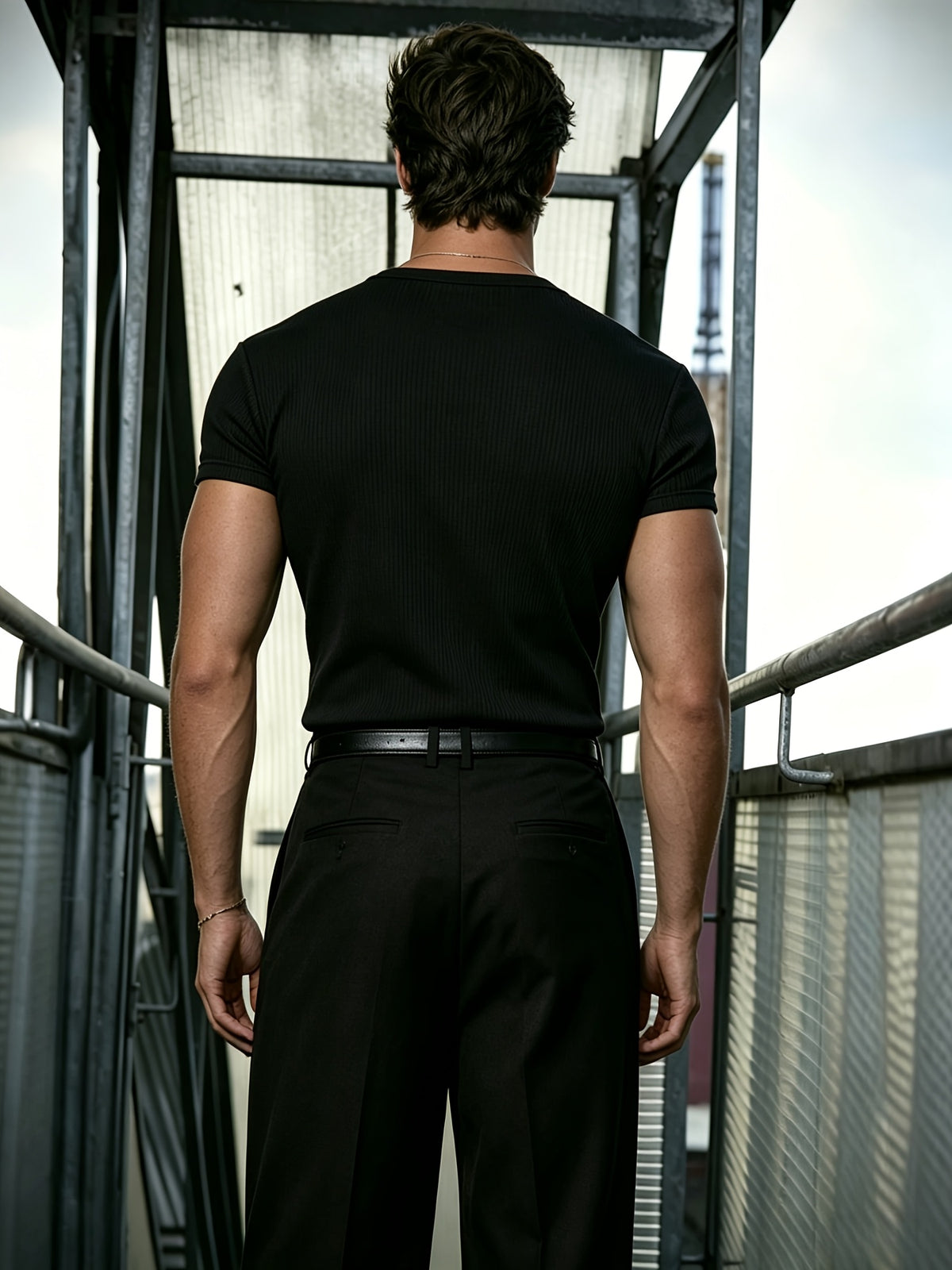 2026 New Men's Henley Neck T-Shirt, Fashionable Vertical Stripe Texture, Slim Fit Quick-Dry Design, Streetwear Trendy Style - Black