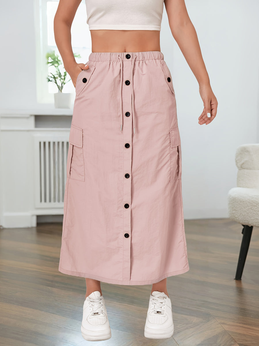 American-style Quick-Dry Women's Multi-Pocket Workwear Skirt with Button Placket, Casual High-Waist Commuter Midi Skirt - Pink