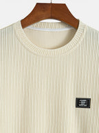 Men'S Fashion Classic Solid Color Elastic Knitted Textured Geometric Sweater, Skin-Friendly Material, Round Neck Label Design, Long-Sleeved Knit Shirt, Suitable for Daily Casual Fashion, Versatile, Easy, Going Out, Commuting, Street Style - Apricot