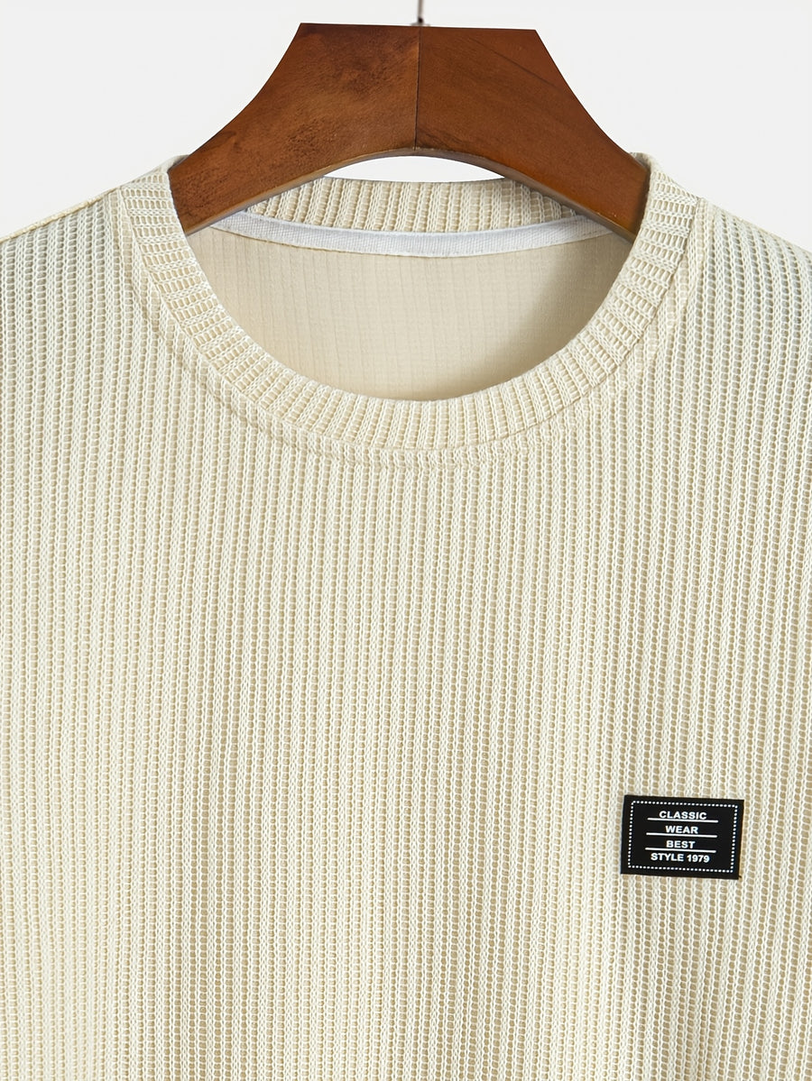 Men'S Fashion Classic Solid Color Elastic Knitted Textured Geometric Sweater, Skin-Friendly Material, Round Neck Label Design, Long-Sleeved Knit Shirt, Suitable for Daily Casual Fashion, Versatile, Easy, Going Out, Commuting, Street Style - Apricot