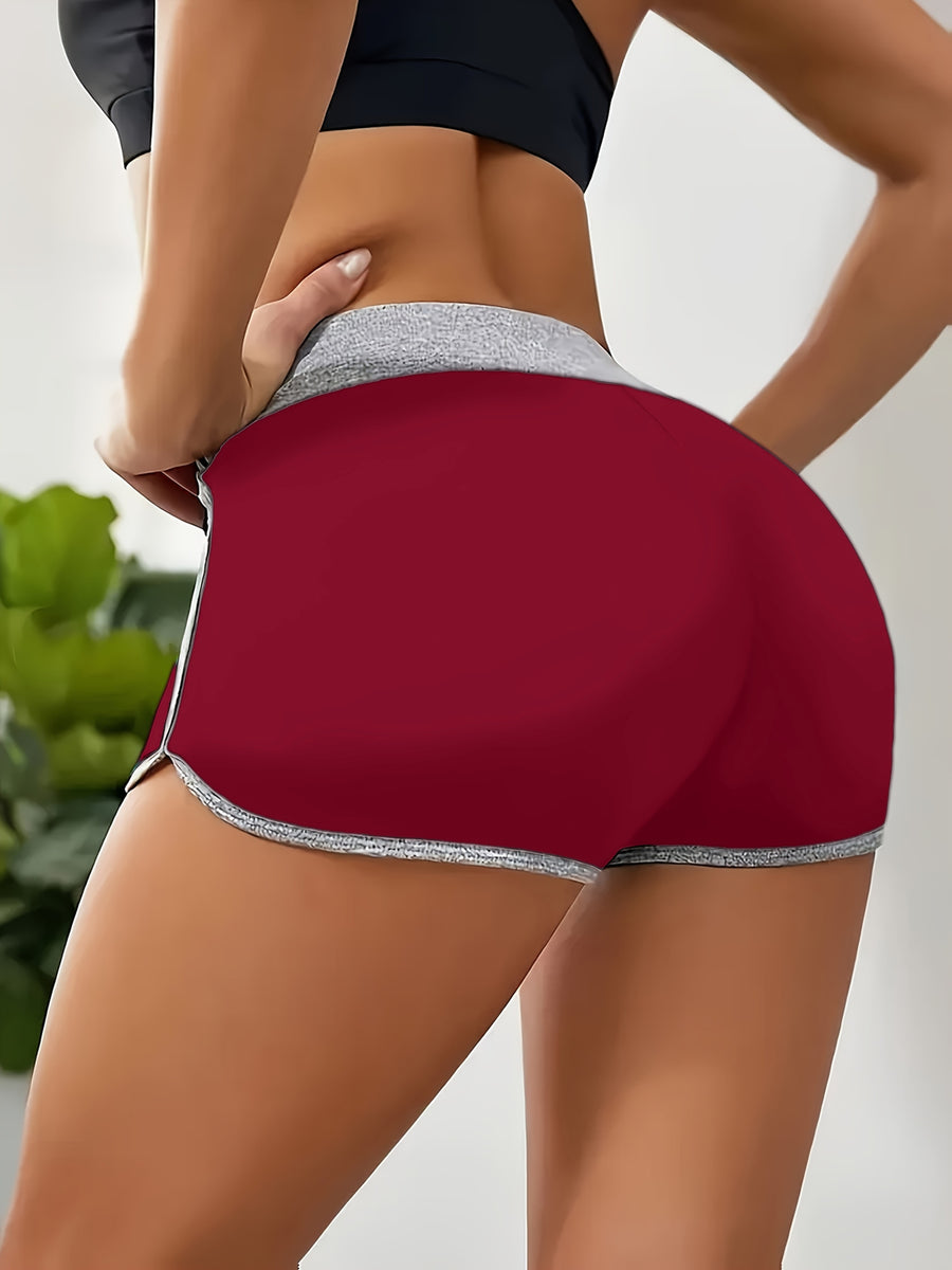 Spring/Summer Women's Casual Sports Shorts, High-Waist Butt-Lifting Patch Waistband, Sexy Slim-Fit Breathable Shorts, Athletic Fitness Yoga Capris - Burgundy