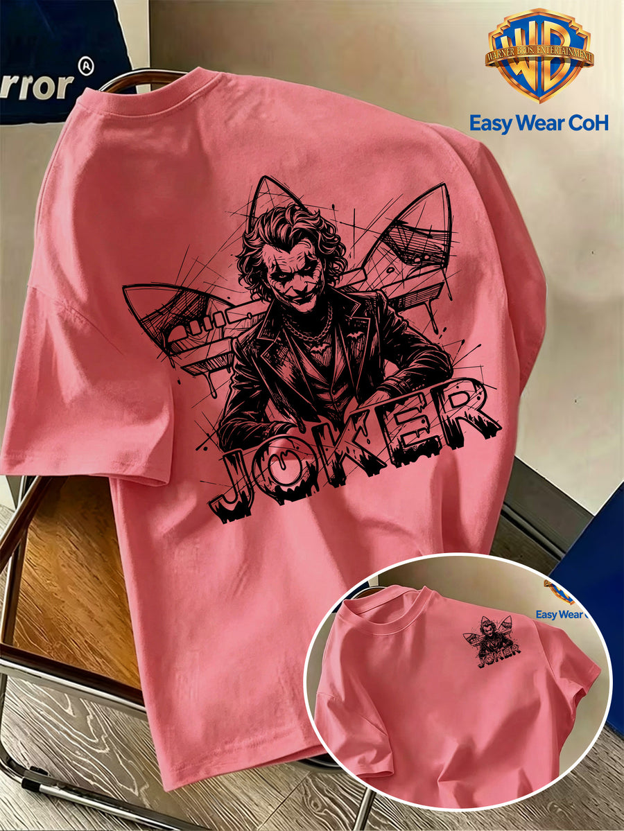 Warner Bros. Official New Academic Style Men's Short-Sleeve T-Shirt, Featuring a Unique Dark Graffiti Clown Design with "JOKER" Text, a Creative and Niche Print That's Hard to Replicate. Made from Comfortable, Breathable, and Skin-friendly Fabric - Watermelon Red