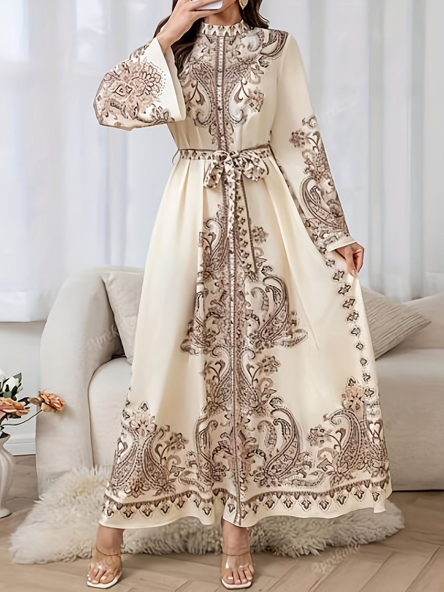 BK0905501  Style Long Sleeve Paisley Print Abaya Dress Inspired by the Middle East for Women, with Adjustable Belt and Machine Washable Fabric - Versatile for All Seasons - Beige