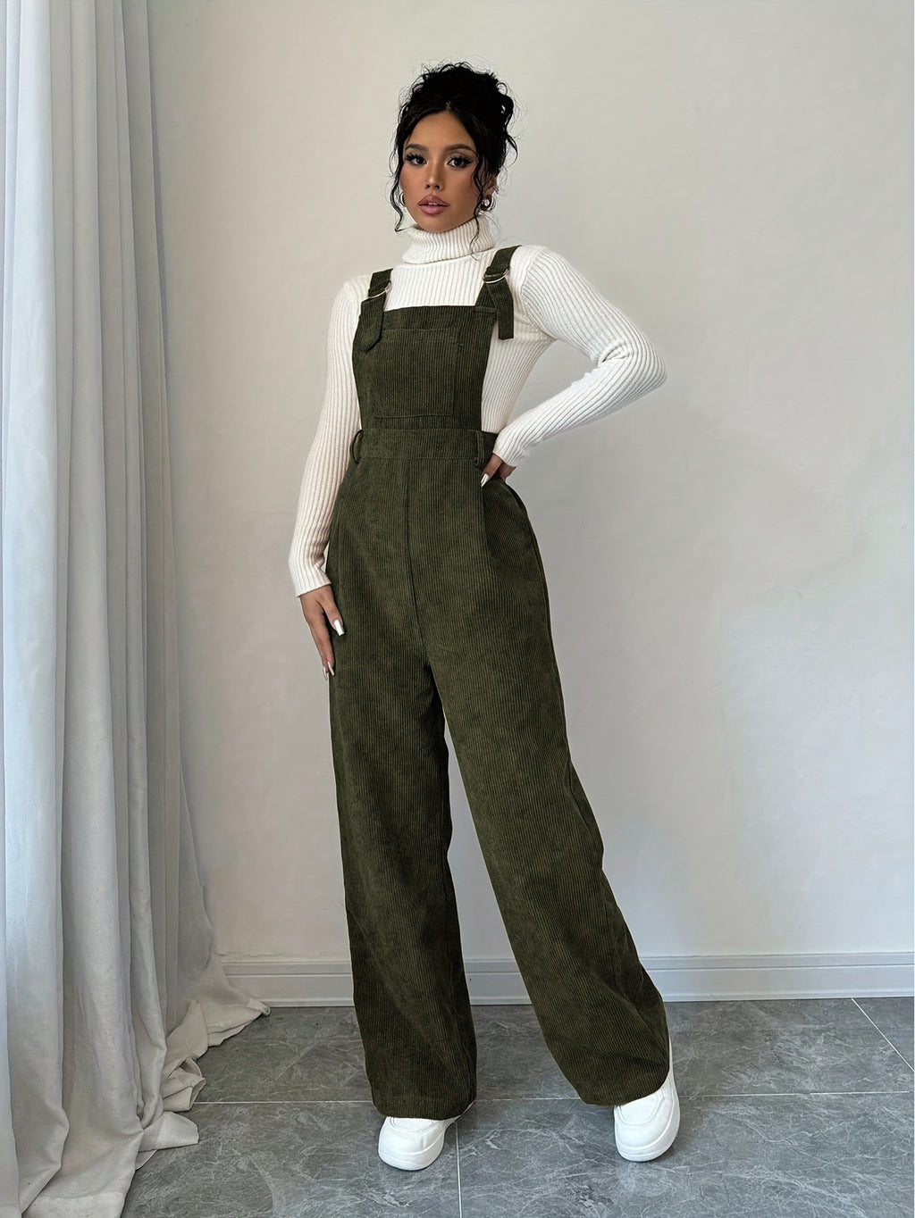 Women'S Elegant Corduroy Solid Color Suspender Pants - Olive Green