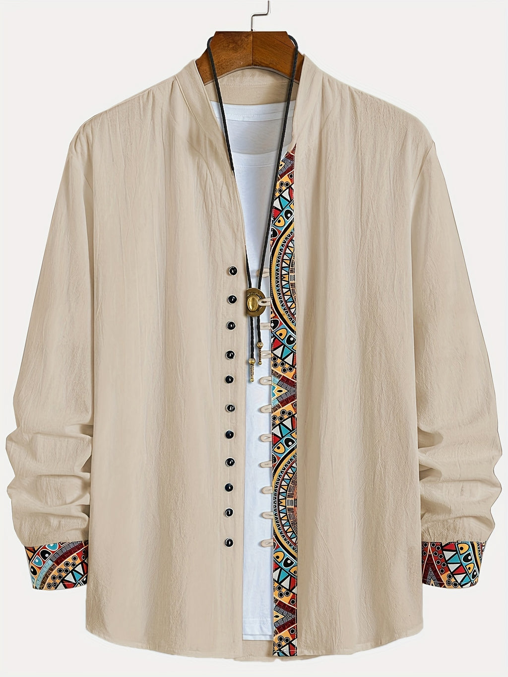 Men's Trendy Classic Solid Color Spliced Geometric Print Stand Collar Multi-Buckle Design Comfortable Breathable Material Casual Versatile Long Sleeve Shirt for Spring and Autumn - Khaki