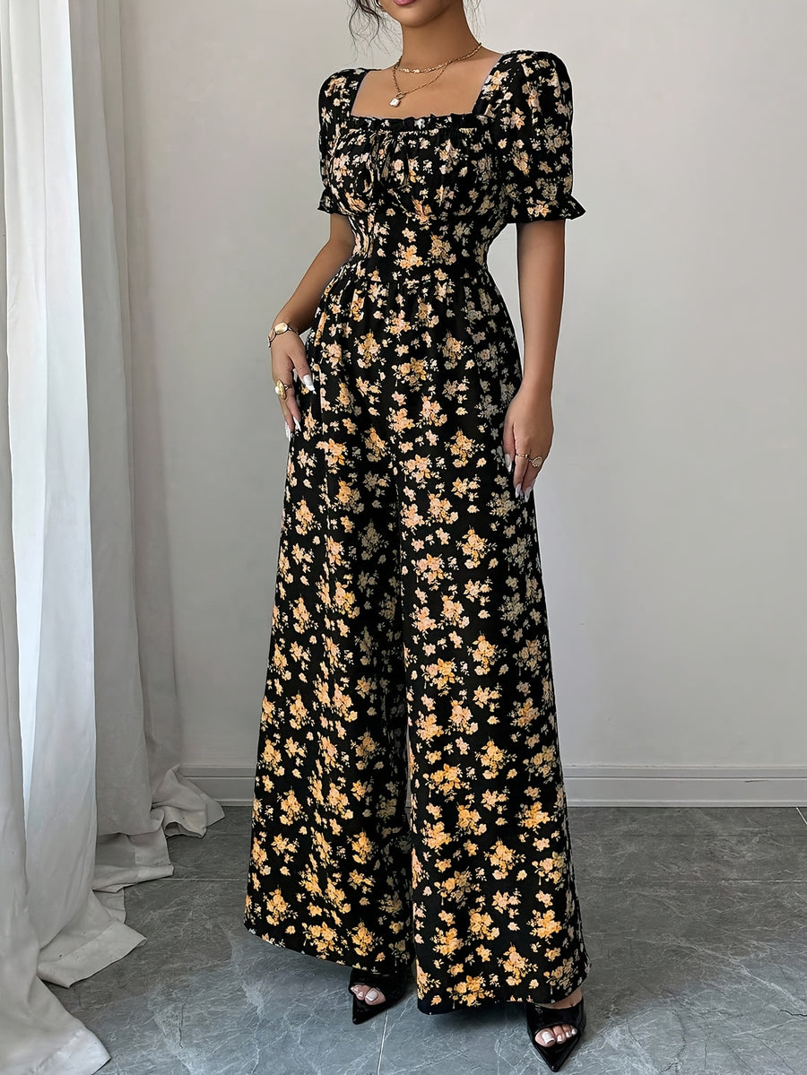 Women'S Elegant Vacation Style Waist-Cinching Printed Jumpsuit, Summer Jumpsuit, Wide-Leg Printed Jumpsuit, Long Length Printed Jumpsuit - Yellow