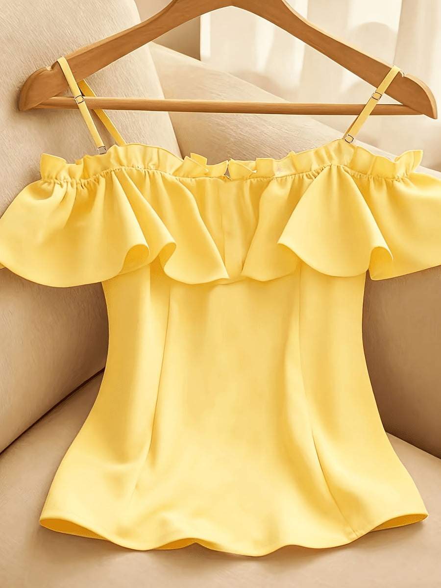Women's Summer Casual Solid Color Off-Shoulder Ruffle Camisole Tank Top - Yellow