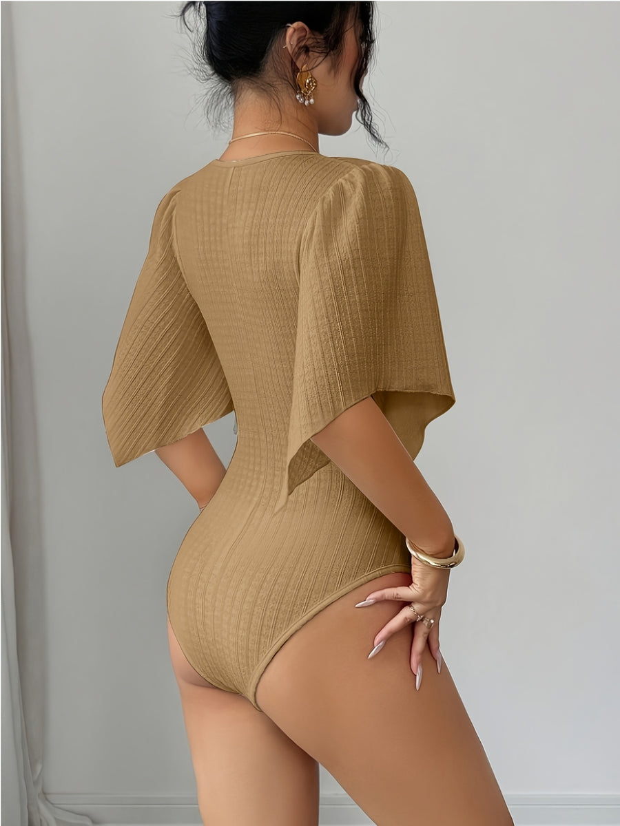 Ladies Elegant New V-Neck Texture Bust Pleats Ruffle Sleeves Slim Waist Elegant Jumpsuit, V-Neck Asymmetrical Cuffs Bodysuit Top - Khaki