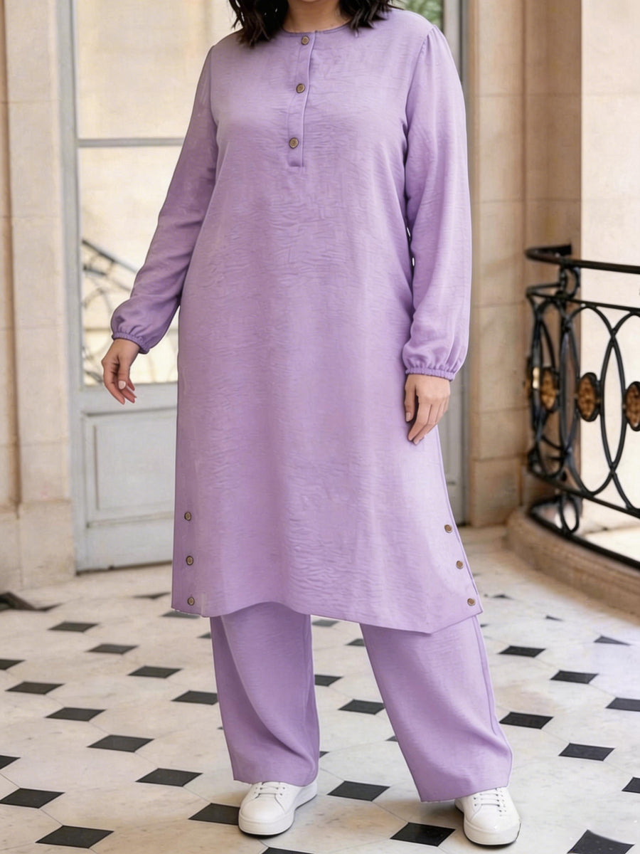Eid Elegant Muslim 2pcs Jilbab/Abayas Set | Wooden Button Abaya with Wide-Leg PantsDaily Modest Wear - Violet