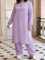 Eid Elegant Muslim 2pcs Jilbab/Abayas Set | Wooden Button Abaya with Wide-Leg PantsDaily Modest Wear - Violet
