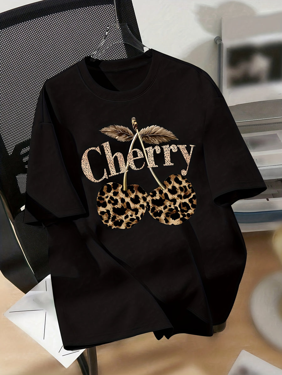 Leopard Print Cherry Pattern Casual Vintage T-Shirt, Short-Sleeve Round-Neck Top, Suitable for Autumn, Summer, And Spring, Women'S Clothing, Autumn Short-Sleeve Top, Everyday Wear - Black