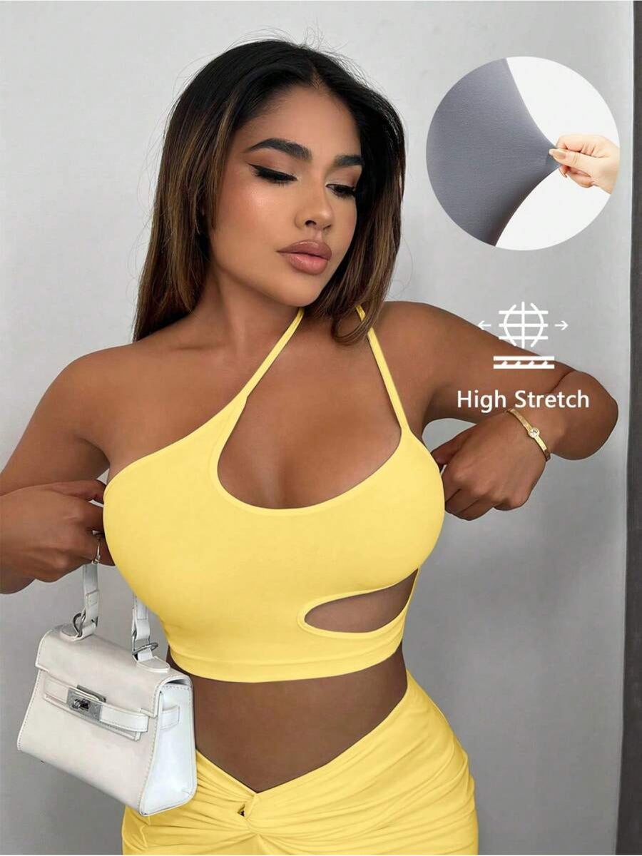 Women Fashion Solid One Shoulder Cut Out Crop Top Summer Party Outfits - Yellow
