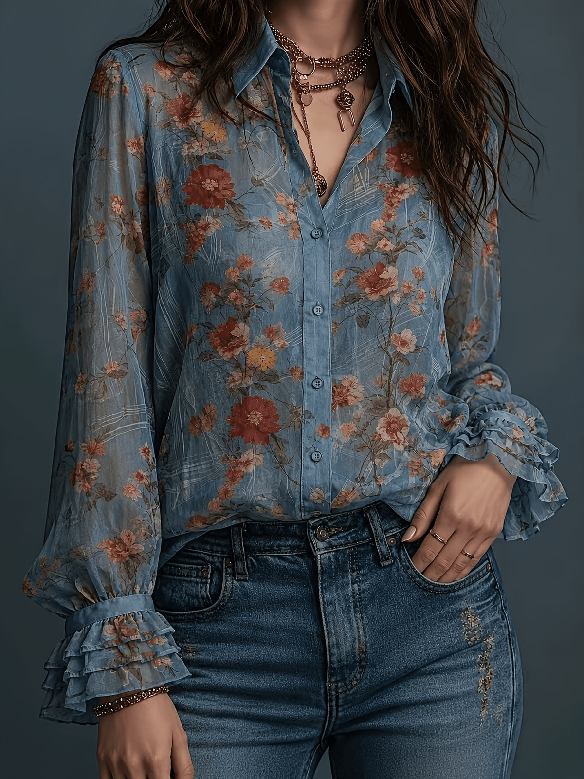 All-Season Floral Print Long Sleeve Shirt, Casual Semi-Transparent Versatile Retro Chiffon Front Button-Up Design, Flared Sleeves, Elegant Fashion Women'S Blouse - Mixed colors