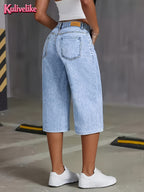 2026 New Light Blue Washed Denim Ankle Wide-Leg Pants, High-Waist Drapey Loose Commuter All-Match Bermuda Shorts - Light Blue