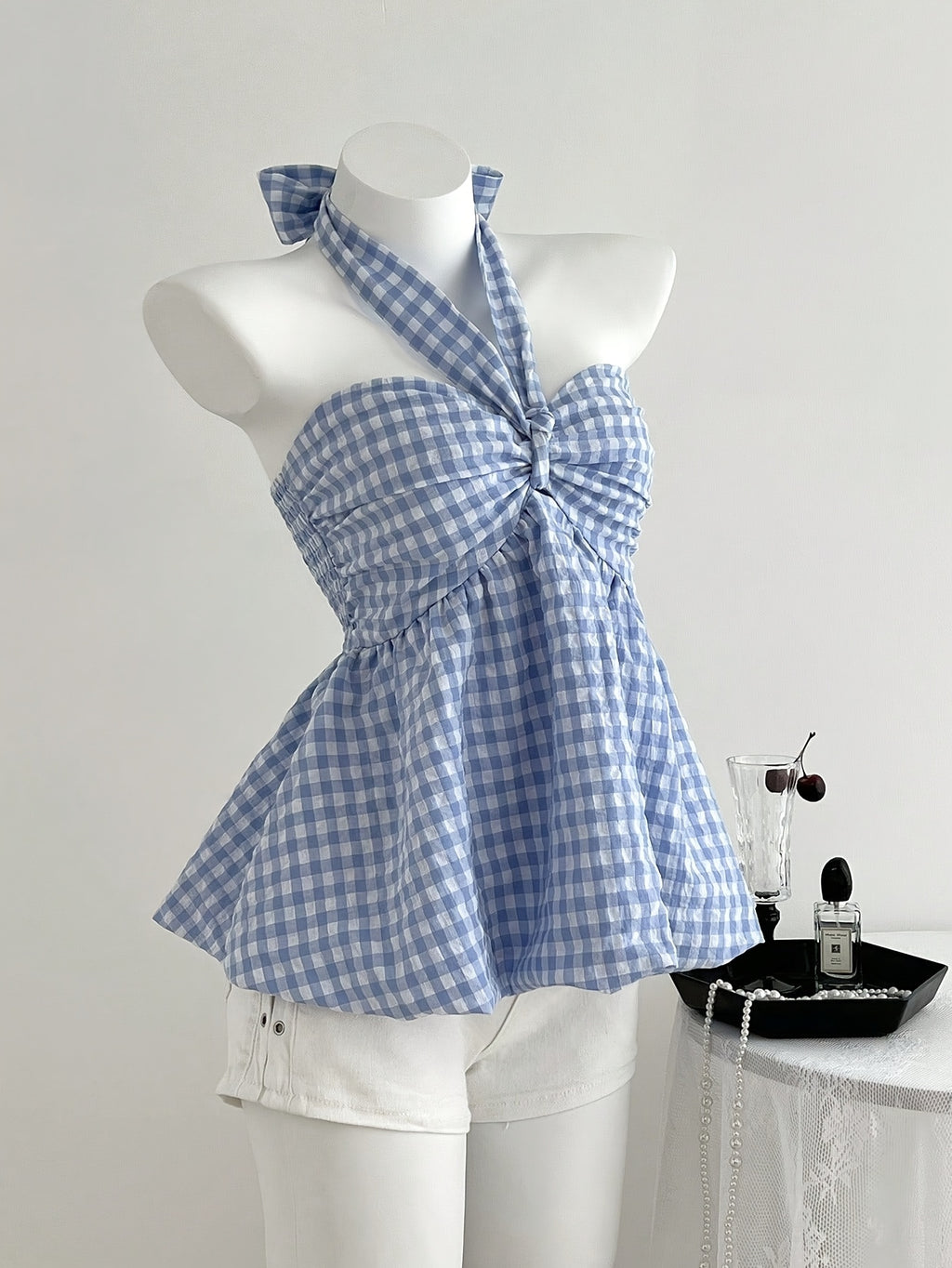 Blue Plaid Pleated Short Suspender Dress with Tie, Perfect for Parties, Dates, Birthday Celebrations, Afternoon Tea Gatherings, and Everyday Casual Chic Style Dates - Blue