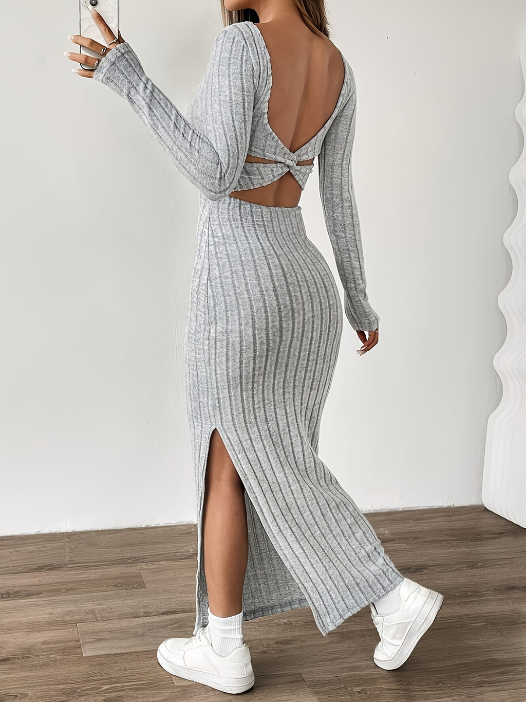 Ribbed Dress, Long-sleeve Tweed Casual Dress - Silvery Grey