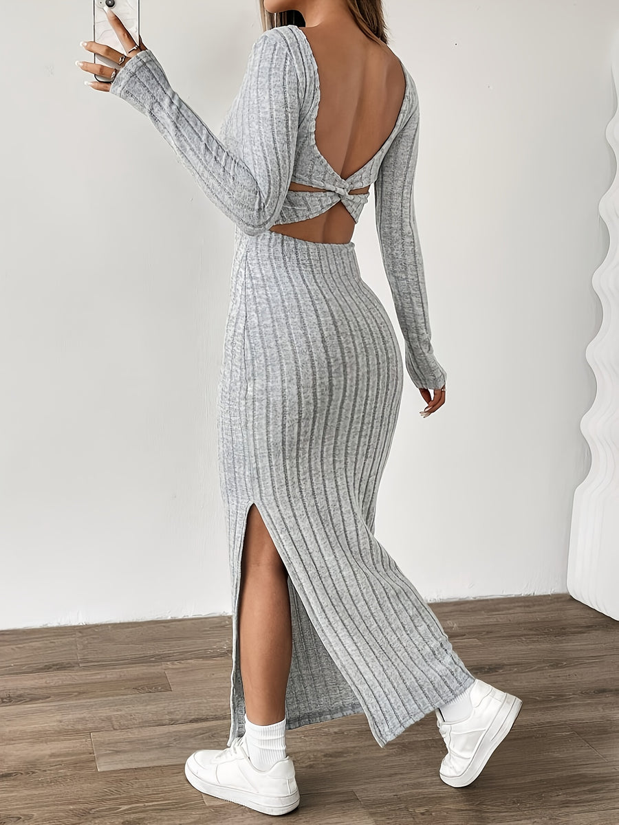 Ribbed Dress, Long-sleeve Tweed Casual Dress - Silvery Grey