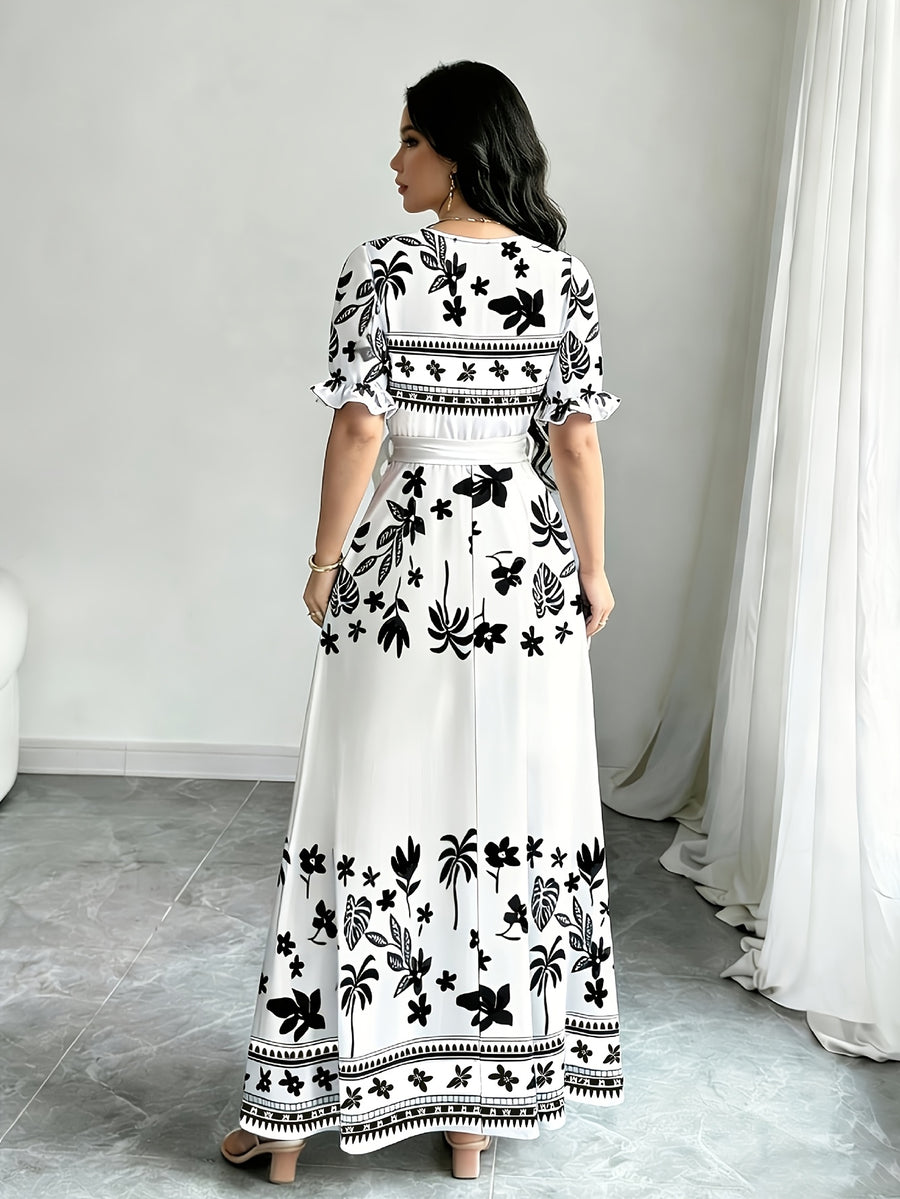 Holiday Gathering Vacation Dress Printed Dress Women'S Fashion Round Neck Short Puff Sleeve Skirt Design with Belt Waist-Cinching Long Dress Elegant Summer Dress ASD1 - Black