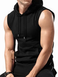 Men's Athletic Hooded Sleeveless Shirt - Gym Workout Top with Hood, Breathable Fabric for Running, Training, Casual Streetwear - Machine Washable Muscle Shirt (Non-Transparent), Workout Clothes, Training Gear, Sporty Design, Comfortable Fit, Performance - Black