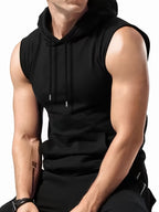 Men's Athletic Hooded Sleeveless Shirt - Gym Workout Top with Hood, Breathable Fabric for Running, Training, Casual Streetwear - Machine Washable Muscle Shirt (Non-Transparent), Workout Clothes, Training Gear, Sporty Design, Comfortable Fit, Performance - Black