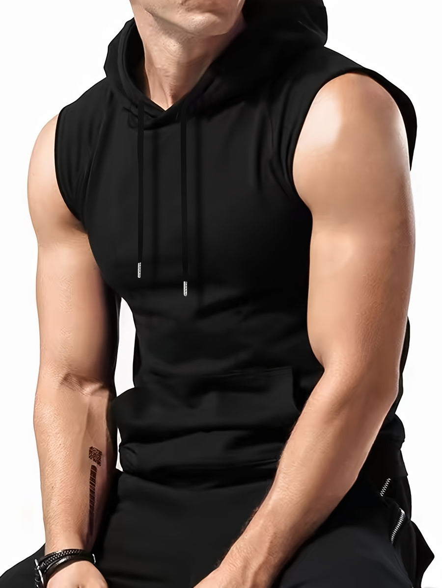 Men's Athletic Hooded Sleeveless Shirt - Gym Workout Top with Hood, Breathable Fabric for Running, Training, Casual Streetwear - Machine Washable Muscle Shirt (Non-Transparent), Workout Clothes, Training Gear, Sporty Design, Comfortable Fit, Performance - Black