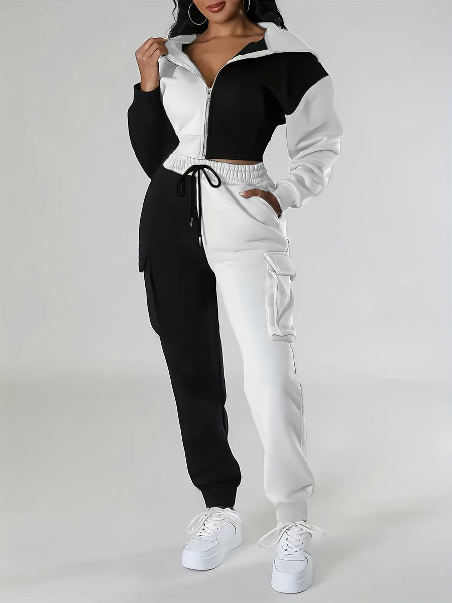 Fashion Women'S Clothing, Color-Block Hooded Casual Set - Black And White