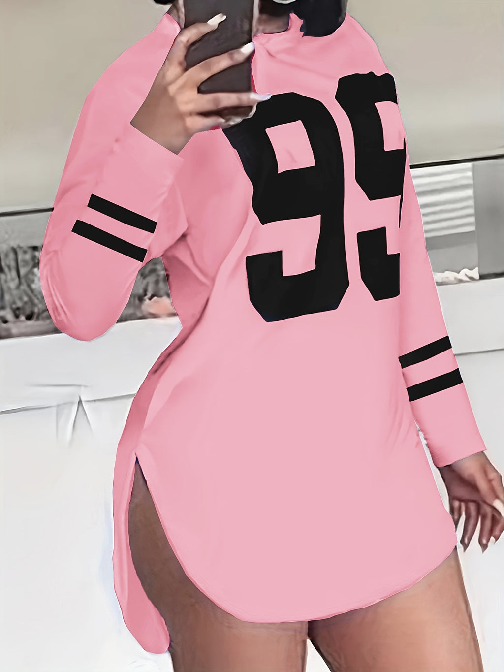 Women's Oversized '99' Number Print Blouse - Long Sleeve Casual Loose Fit SweeSuitable for Year-Round Wear, Machine Washable Comfy Tunic Top - pink color