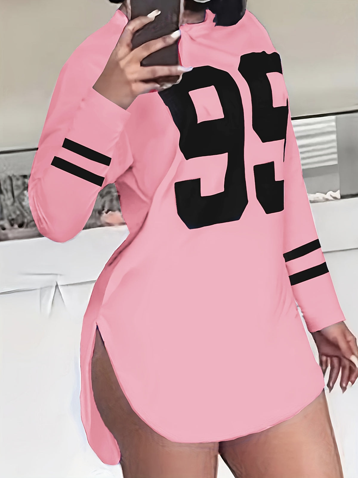 Women's Oversized '99' Number Print Blouse - Long Sleeve Casual Loose Fit SweeSuitable for Year-Round Wear, Machine Washable Comfy Tunic Top - pink color