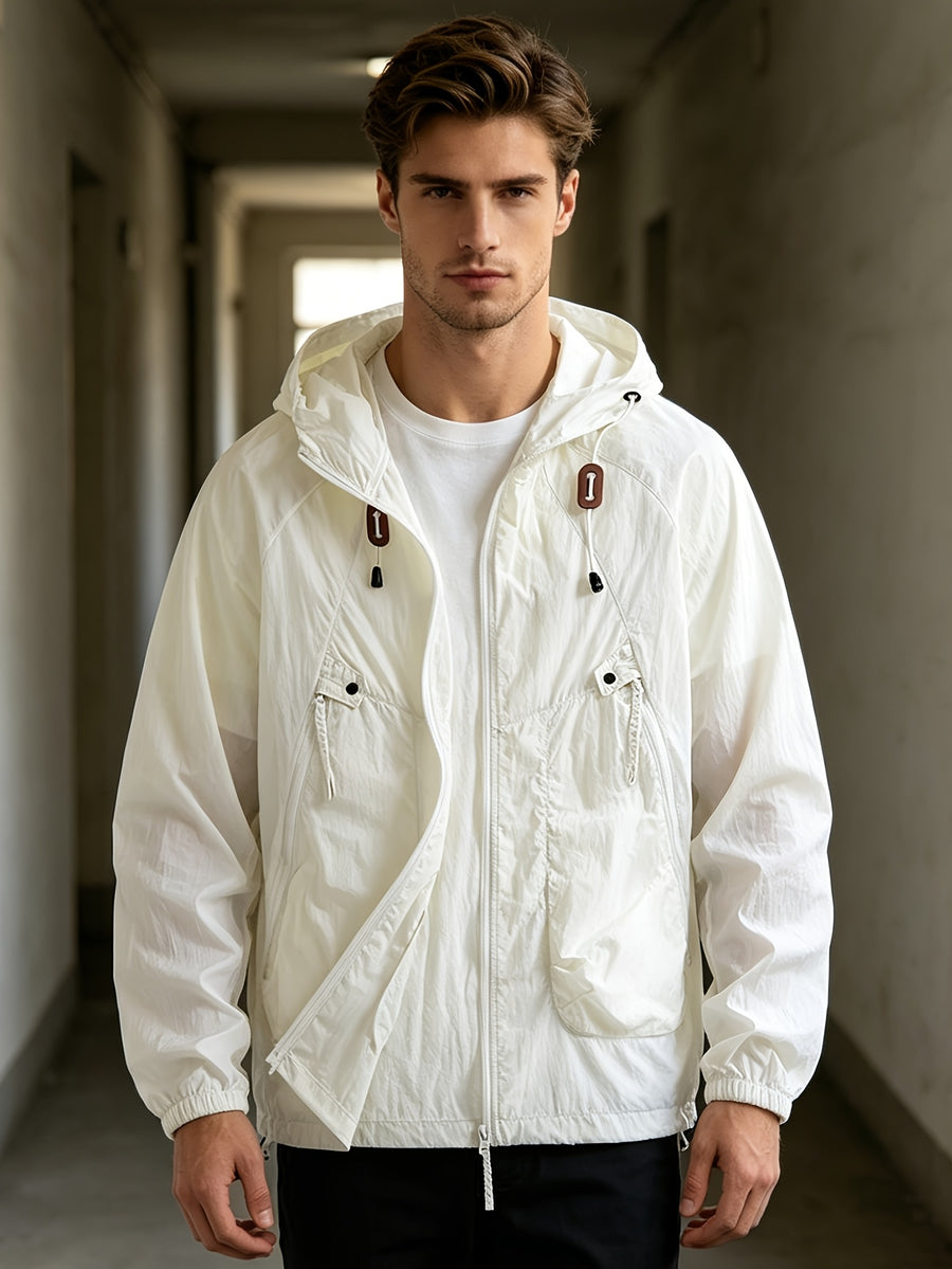 Men'S Spring Autumn Hooded Solid Pocket Jacket Sunscreen Top, Suitable for Outdoor Running Sports Commuting - 2390-glutinous white