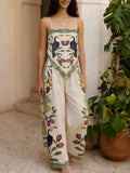 Bohemian Style Floral Print Set Featuring a Tropical Toucan Print Asymmetrical Top And Loose Wide-Leg Pants - Off-white